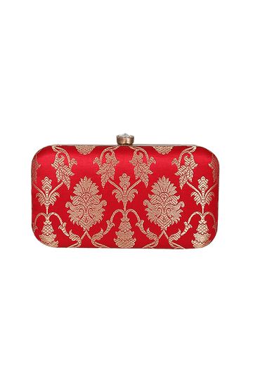 Paprika Red Brocade Box Clutch with Sling (8 X 2 X 4.5)